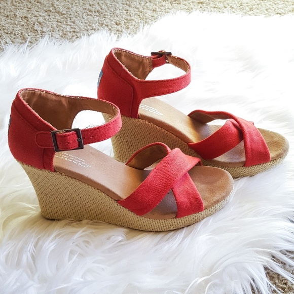 Toms Shoes - Toms Sienna Red Canvas Espadrille Wedge Sandals